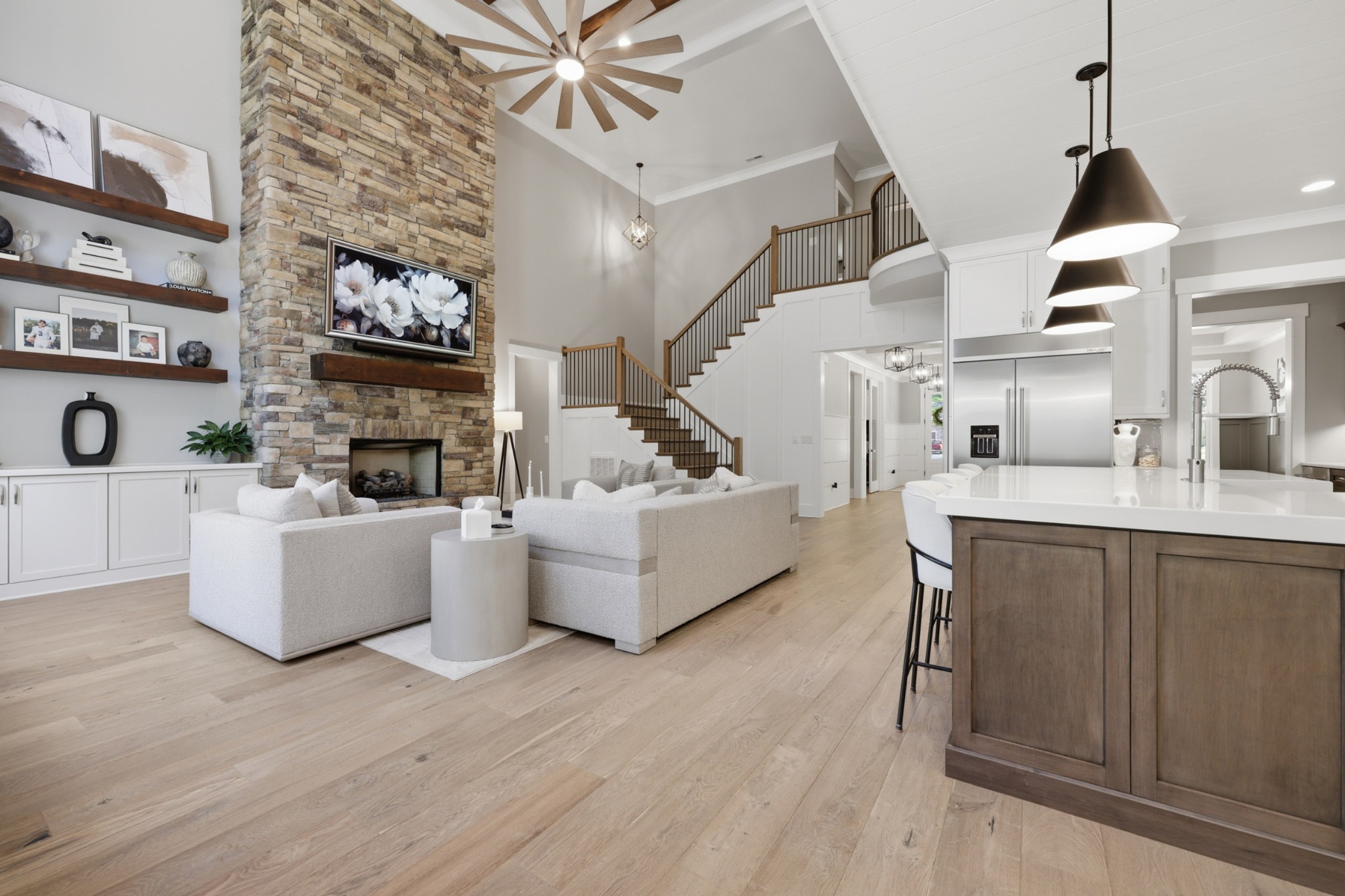 Silver Falls great room and kitchen with warm modern finishes